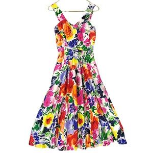 VINTAGE 90s Wild Rose Colorful Painted Floral Print Sweetheart Midi Tank Dress
